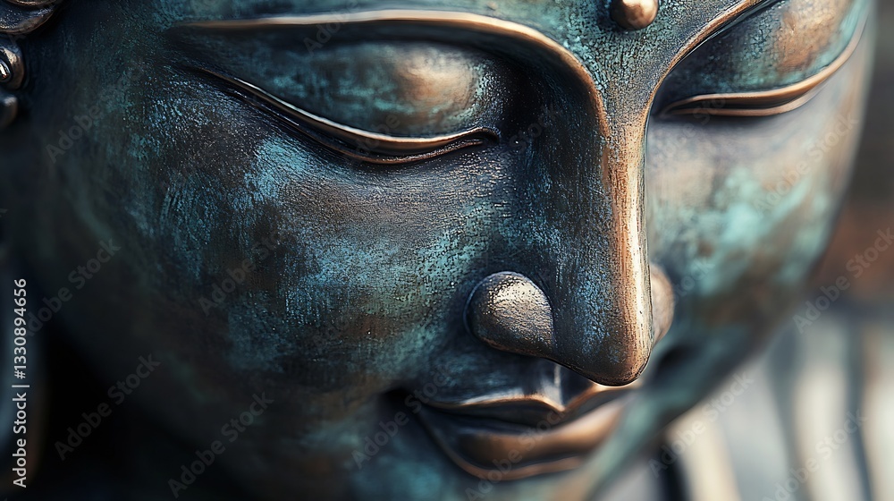 Poster detailed perspective of a beautiful bronze buddha face capturing calmness and serenity in a stunning