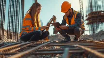 Engineers Analyzing Construction Plans on Site with Heavy Equipment in Background
