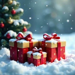 Snow-covered gift boxes, winter scene, festive snowfall , gift boxes, box