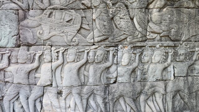 old stone wall in angkor wat