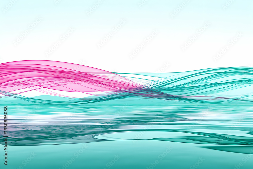 Poster abstract teal and pink flowing waves reflecting on calm water, creating a serene and dreamy atmosphe
