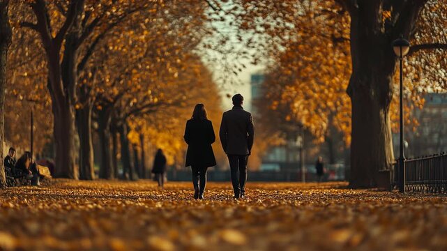 Romantic couple strolls down a tree-lined path in a park covered in vibrant fall foliage. Video made using Generative AI.