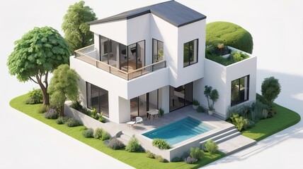 Fototapeta premium A small modern minimalist house isometric perspective,&nbsp;3D model miniature