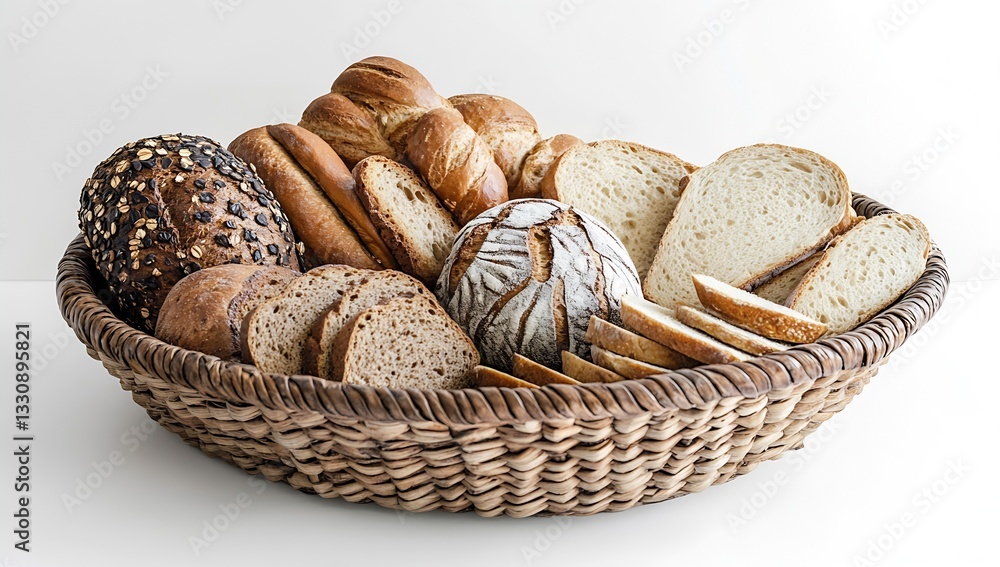 Poster variety of artisan breads in a basket with slices showcasing textures and colors : generative ai