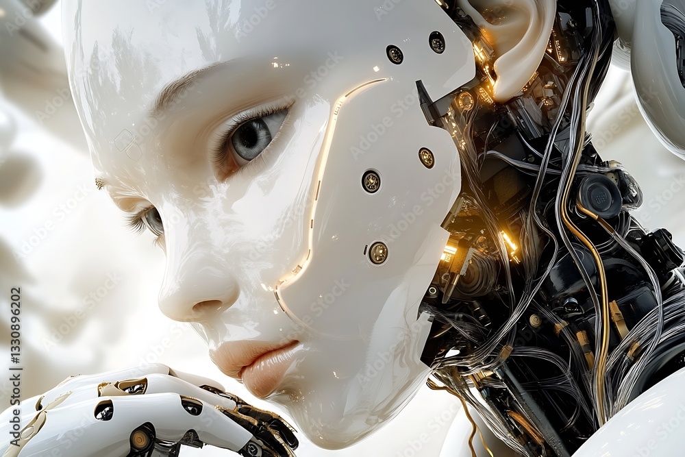 Leinwandbilder close up view of a futuristic human-like robot showcasing intricate mechanical details and a soft fa