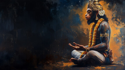 Lord Hanuman Meditating in a Serene Half-Length View Against a Dark Background, Symbolizing Spiritual Power and Devotion