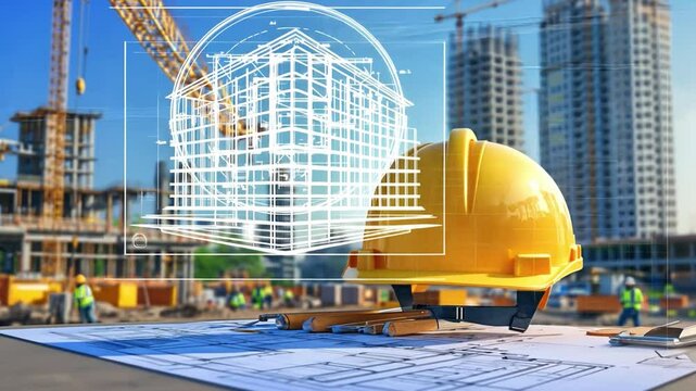 Construction Site Blueprint: A vibrant image captures the bustling energy of a construction site, showcasing a construction worker's hard hat, architectural blueprints.