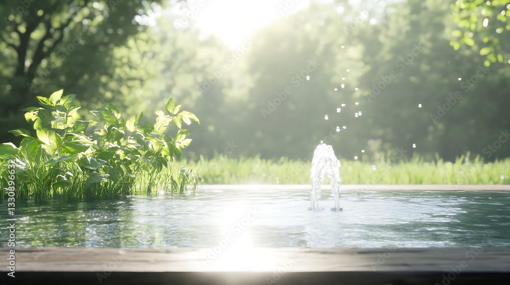 Poster serene pond with a gentle fountain surrounded by lush greenery and soft sunlight.