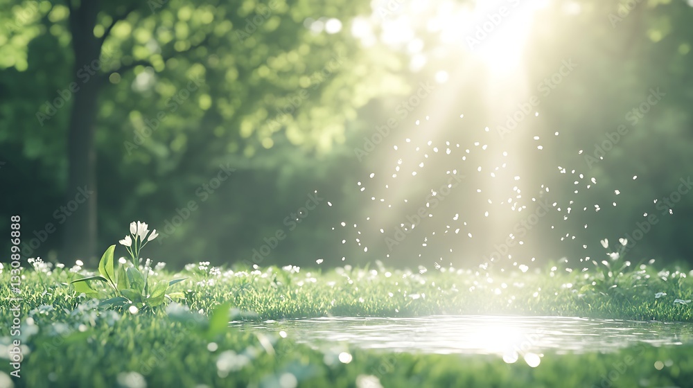 Poster sunlight filters through trees, illuminating a serene pond surrounded by blooming grass and flowers.