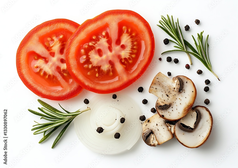 Aufkleber top view of sliced tomatoes and mushrooms with chopped onion and herbs perfect for culinary creation