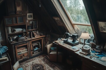 Attic sewing room with vintage machine and window view