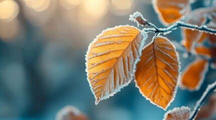 Obraz premium Frosty autumn leaves on a branch capturing serenity in nature for seasonal decor and design