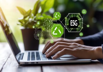 Person Typing on Laptop with ESG and Recycling Icons on Screen