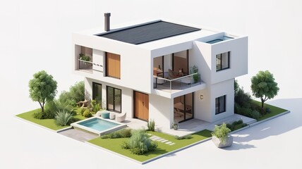 Fototapeta premium A small modern minimalist house isometric perspective,&nbsp;3D model miniature