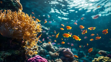 Naklejka premium 14. A vibrant coral reef background with small colorful fish swimming in harmony
