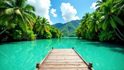 Rustic wooden dock extends over calm turquoise water, lush tropical foliage backdrop, weathered, turquoise