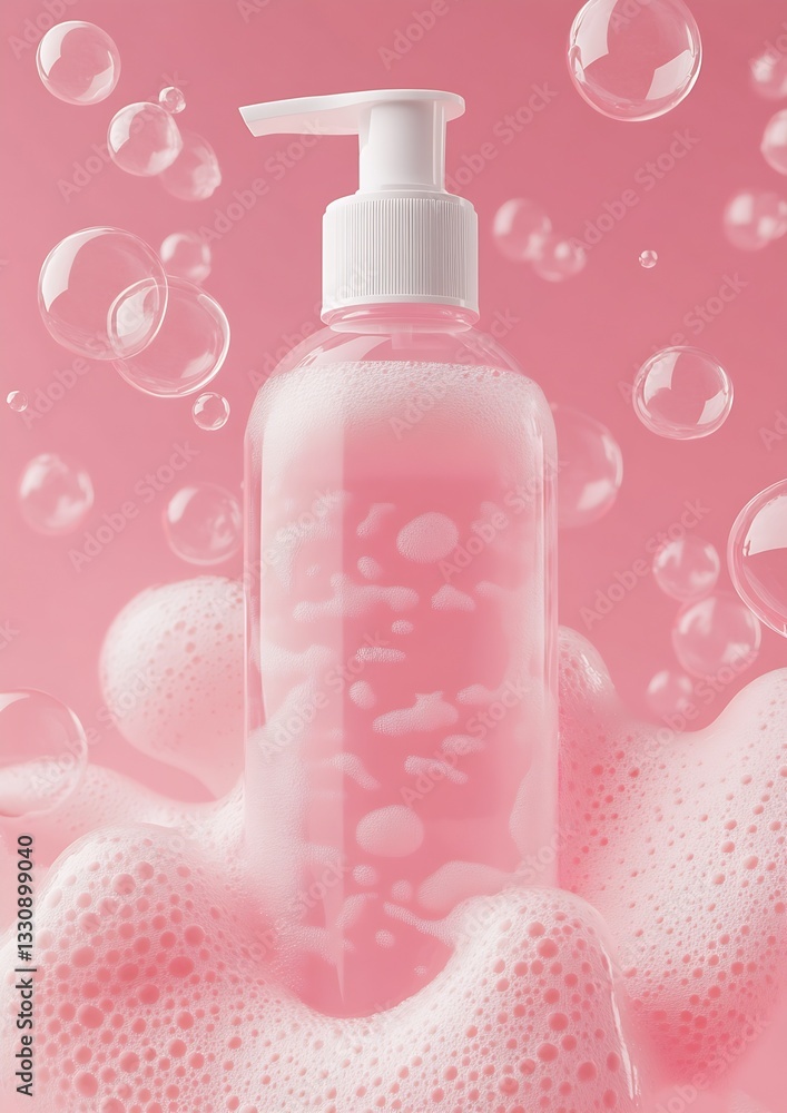 Poster stylish pink dispensing bottle surrounded by playful bubbles in a lively backdrop : generative ai