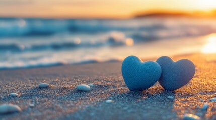 Fototapeta premium Romantic beach sunset with heart shaped stones for valentine's day or wedding design