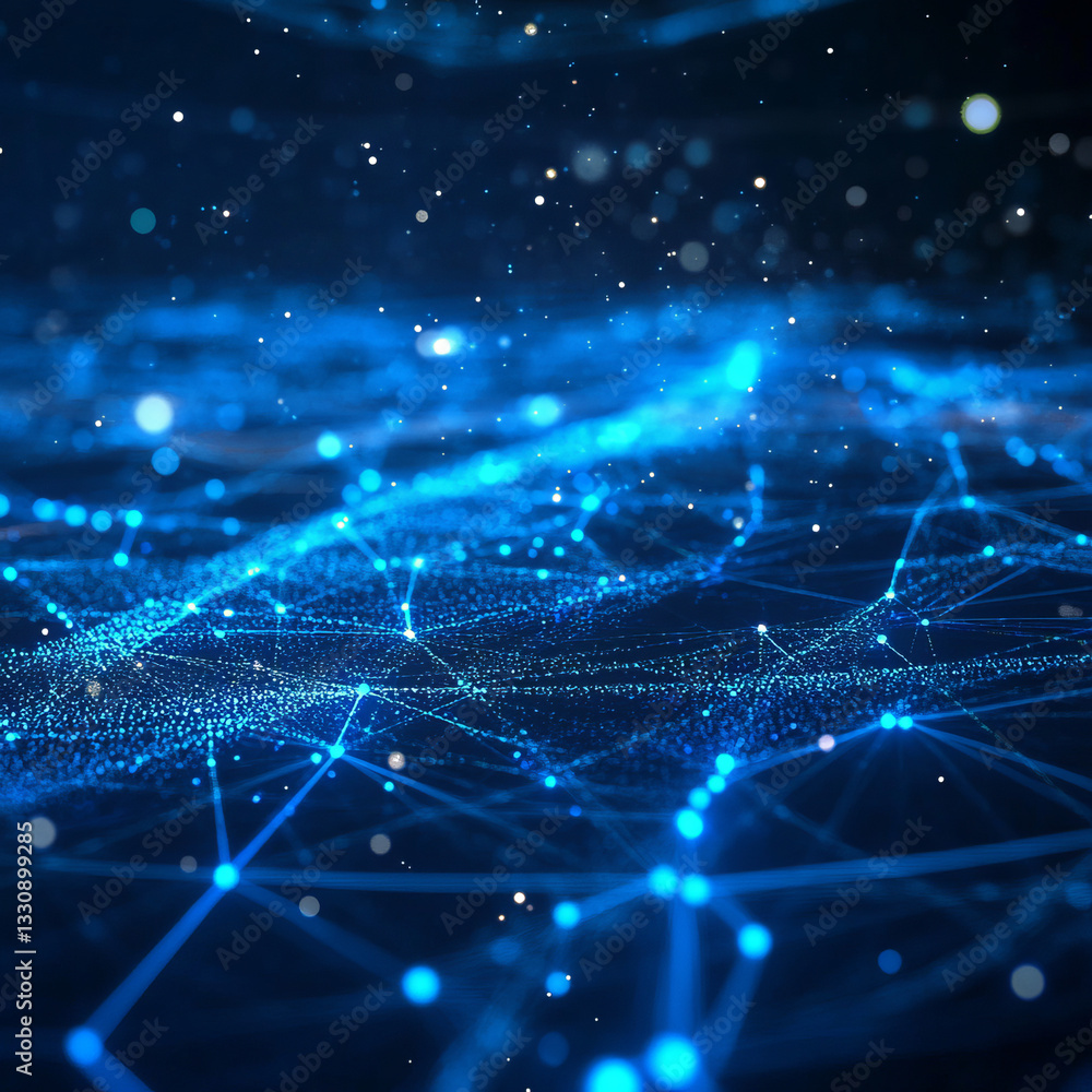 Aufkleber glowing blue network of interconnected nodes and lines forming an abstract digital landscape