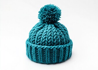 Cute teal knitted beanie with a playful pom pom and textured design for winter wear : Generative AI