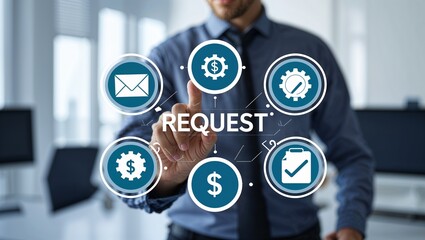 Manager working on virtual touch screen presses word: REQUEST. Concept of business finance service request. Online submission request. Approving requests.,businessman holding a sign