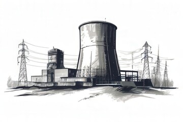 Obraz premium an AI Image Generator, Sketch Illustration of Industrial Plant with Smoke Stacks