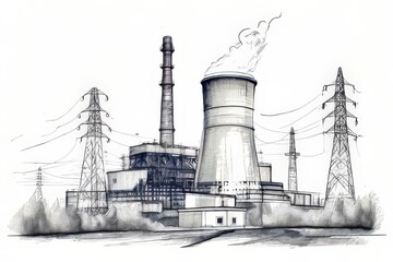 Obraz premium an AI Image Generator, Sketch Illustration of Industrial Plant with Smoke Stacks