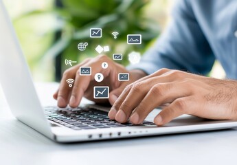 Person Using Laptop with Digital Icons