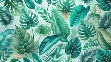 Lush Tropical Foliage A Vibrant Collection of Exotic Greenery Featuring Diverse Leaf Shapes and Shades of Green, Perfect for Design Projects Requiring a Natural and Luxurious Aesthetic