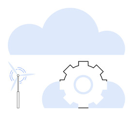 Cloud graphic with gear and wind turbine representing synergy between technology, energy, innovation. Ideal for sustainability, energy solutions, renewable energy, cloud computing, innovation