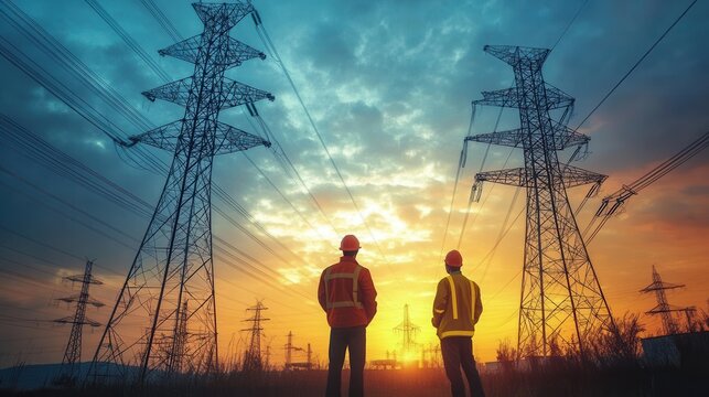 Electrical Engineers Inspecting Power Lines at Sunset – Energy & Infrastructure