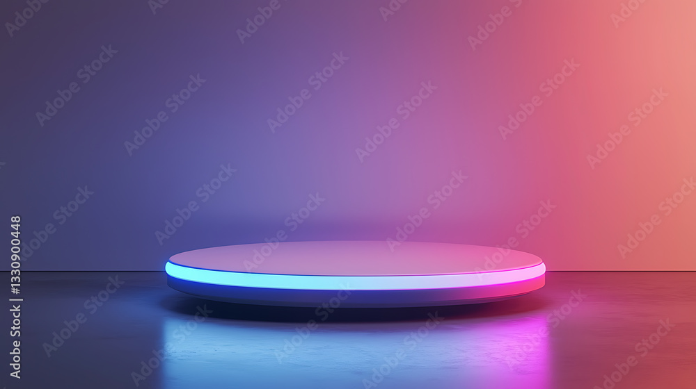 Poster dynamic neon light display on circular stage modern studio product showcase vibrant atmosphere low a