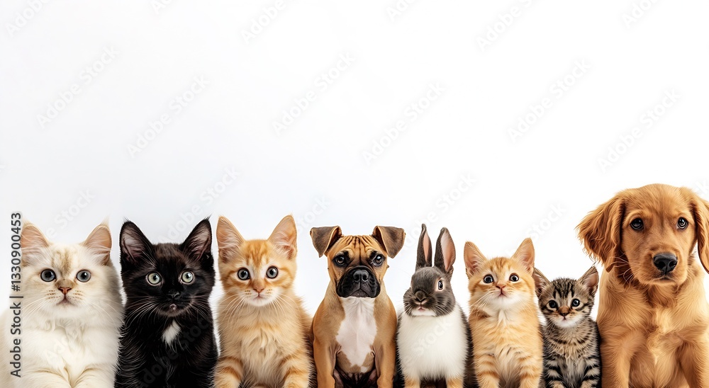 Poster diverse array of friendly cats and dogs posing together with playful expressions on a bright white b