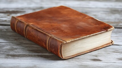Vintage leather-bound book on weathered wooden surface symbolizing knowledge and history