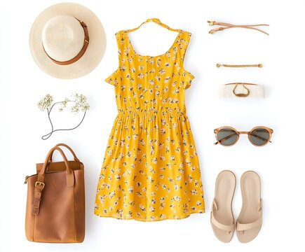 Charming summer outfit flat lay featuring a yellow floral dress and an array of stylish accessories : Generative AI