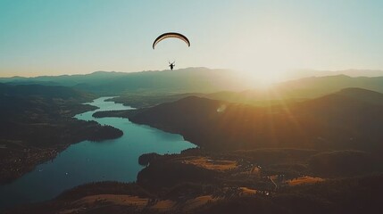 Paraglider soaring above a tranquil mountain lake at sunset. Panoramic view of a scenic valley.