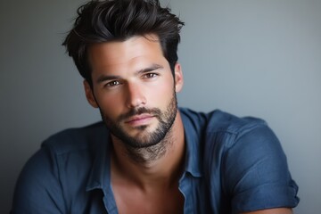 Fototapeta premium Portrait of a Handsome Man with Stylish Hair and Captivating Brown Eyes : Generative AI