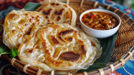 An appetizing roti canai is showcased. The roti canai has a flaky and golden - brown exterior, formed by skillfully folding and frying the dough. Its layers are clearly visible, giving it an appealing