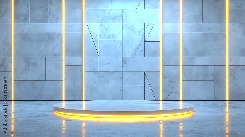 Poster illuminated circular stage in modern architectural setting creative showcase environment soft lighti