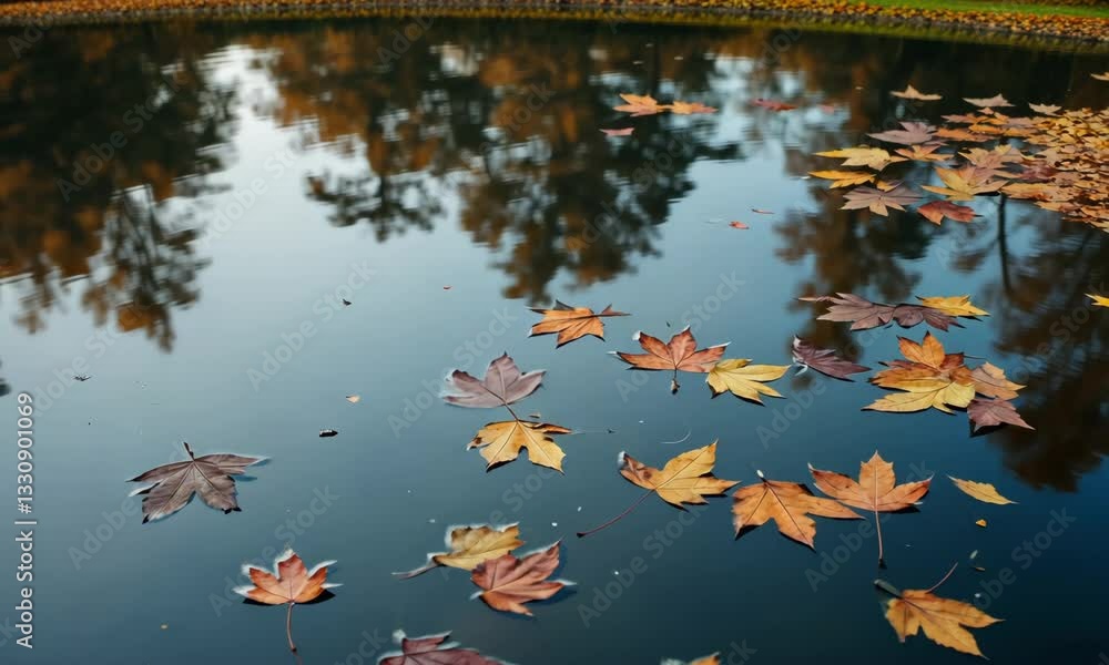 Poster colorful autumn leaves floating on calm water with reflection of trees in background creating a peac