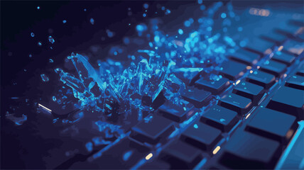 Fototapeta premium Close-up shot of a computer keyboard with an abstract blue data stream or liquid-like element splashing and flowing over it. The image is predominantly dark blue with bright blue highlights on the