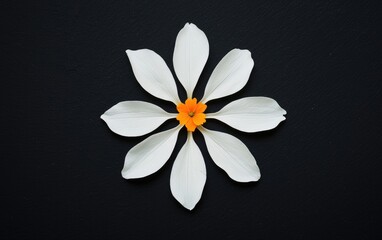 White Petals And Orange Center On Black Glitter Background
