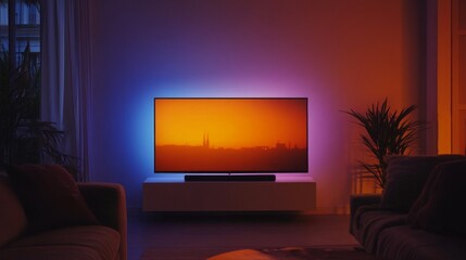Cozy living room with modern television displaying sunset colors for relaxation and comfort