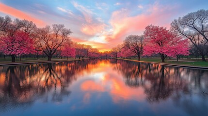 Vibrant sunset over reflective lake and blossoming cherry trees along the shoreline