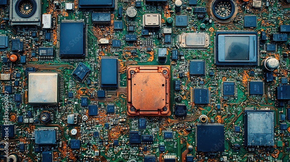 Poster close-up of a complex circuit board with various electronic components.