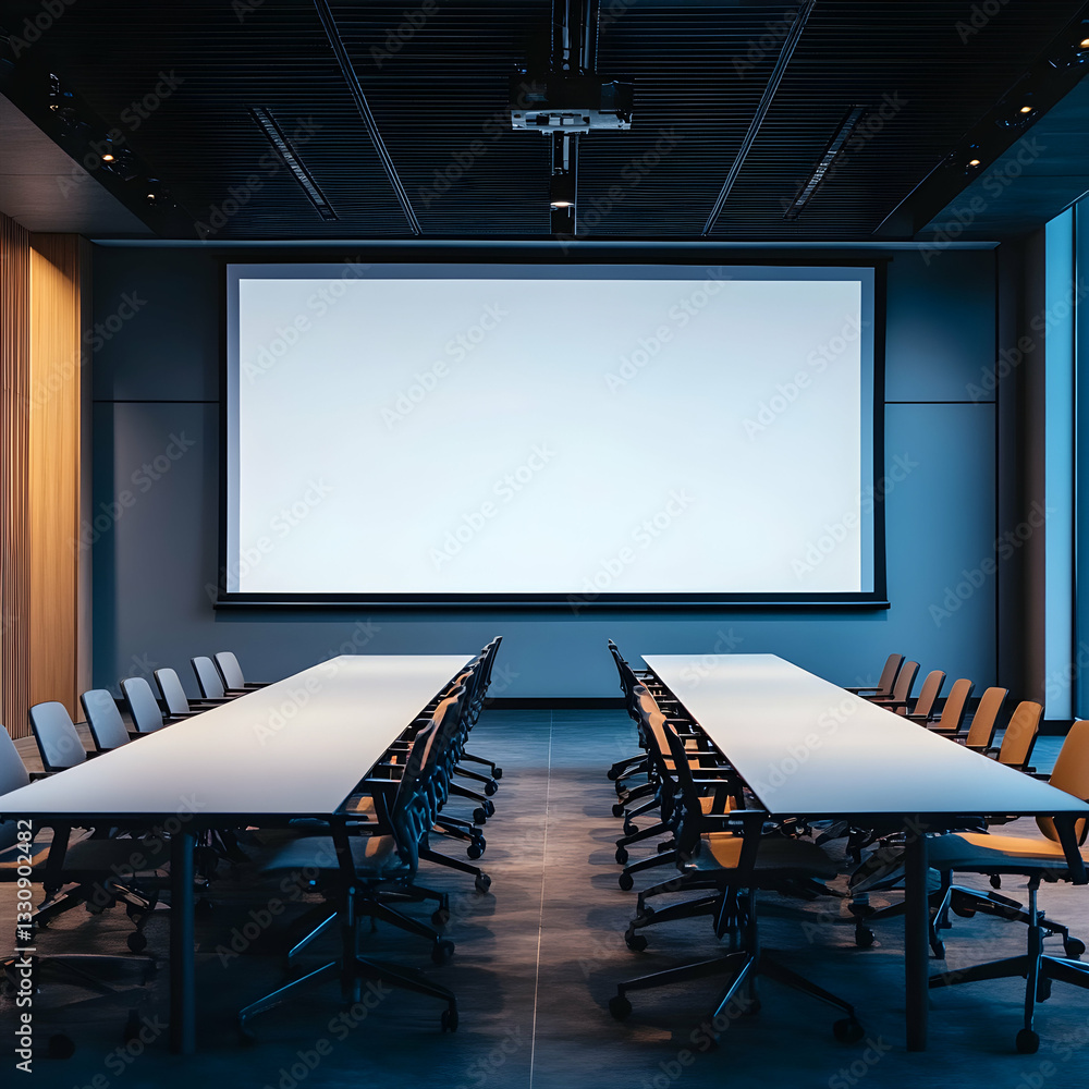 Poster modern conference room setup with projector screen and tables for presentation
