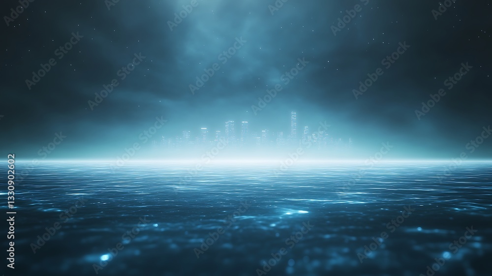Poster mysterious ocean view under a twilight sky with shimmering waters and distant city silhouettes.