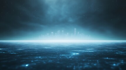 Mysterious ocean view under a twilight sky with shimmering waters and distant city silhouettes.