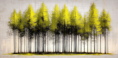 vibrant abstract forest landscape featuring tall trees with bright yellow foliage against grey background, evoking sense of tranquility and nature beauty