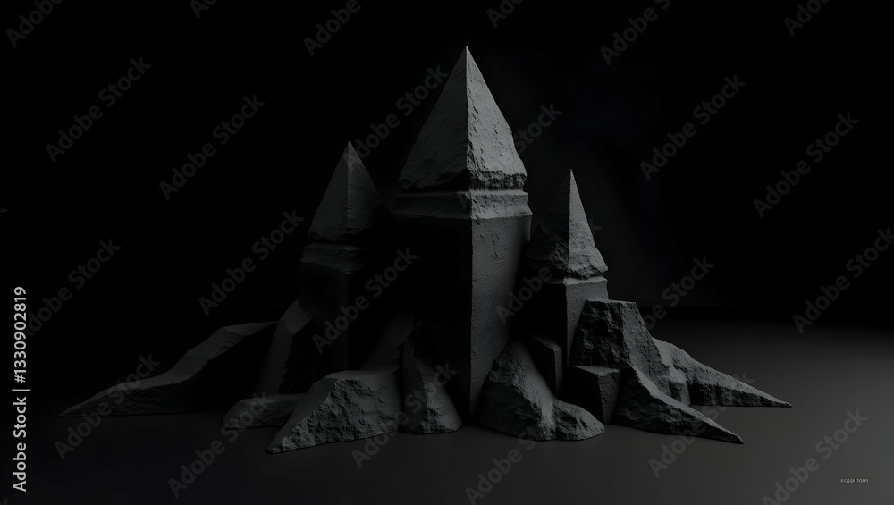 Aufkleber monochrome stone sculptures with triangular peaks in a dark setting